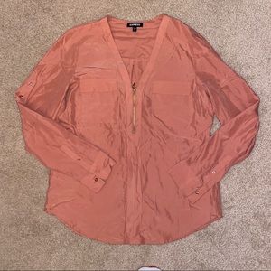 Express half zip blouse with adjustable sleeves